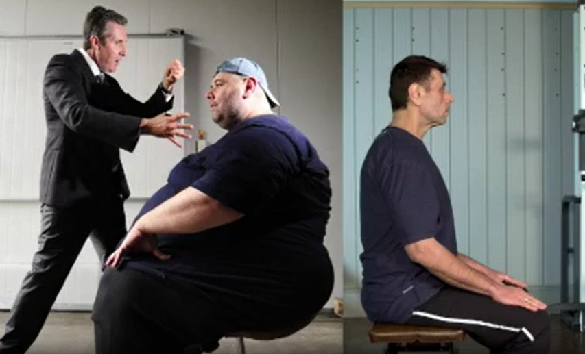 Jordan before and after, seated, with Mark Stephens